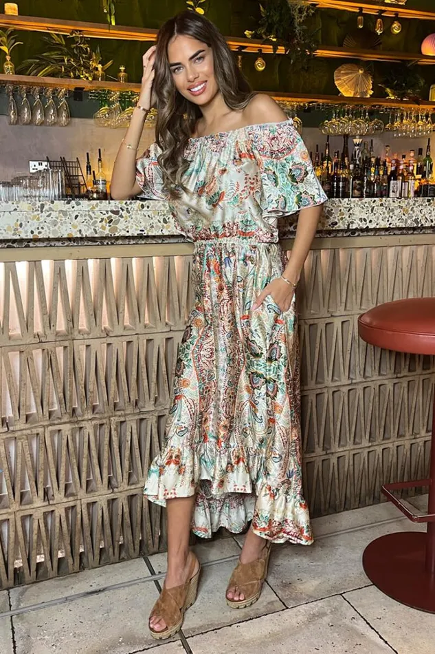 AX Paris Multi Paisley Printed Bardot Frill Hem Midi Dress Women Dresses