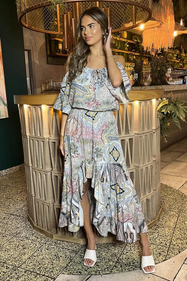 AX Paris Multi Paisley Printed Cold Shoulder Asymmetric Smock Midi Dress Women Dresses