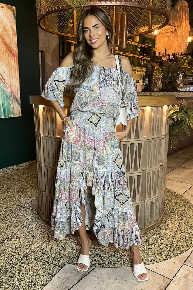 AX Paris Multi Paisley Printed Cold Shoulder Asymmetric Smock Midi Dress Women Dresses