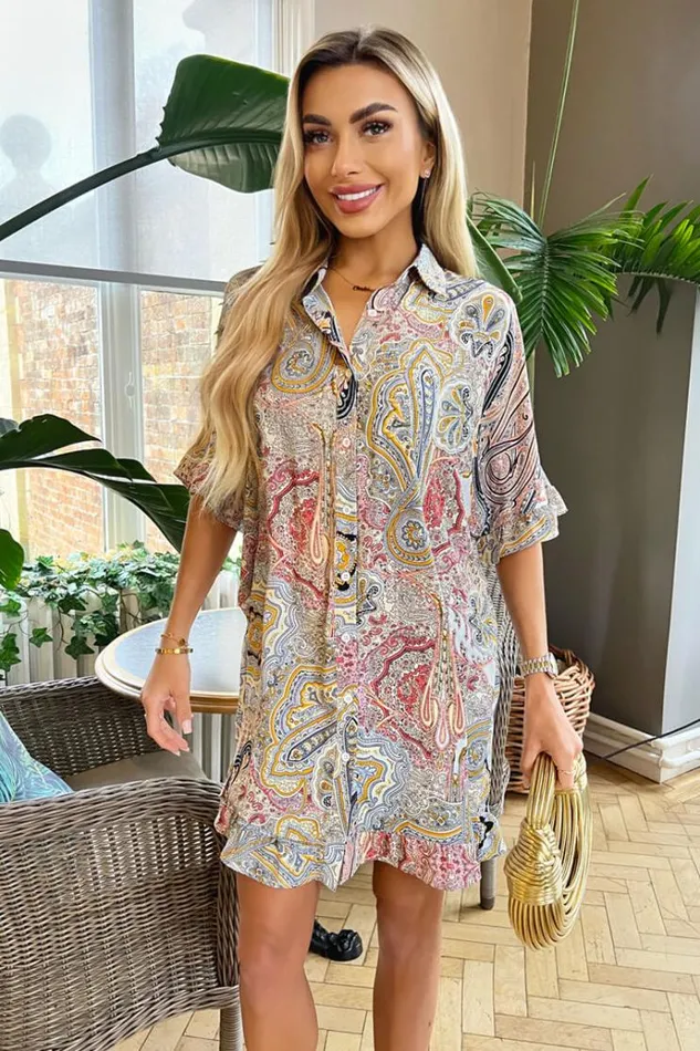 AX Paris Multi Paisley Printed Frill Hem Shirt Mini Dress Women Dresses