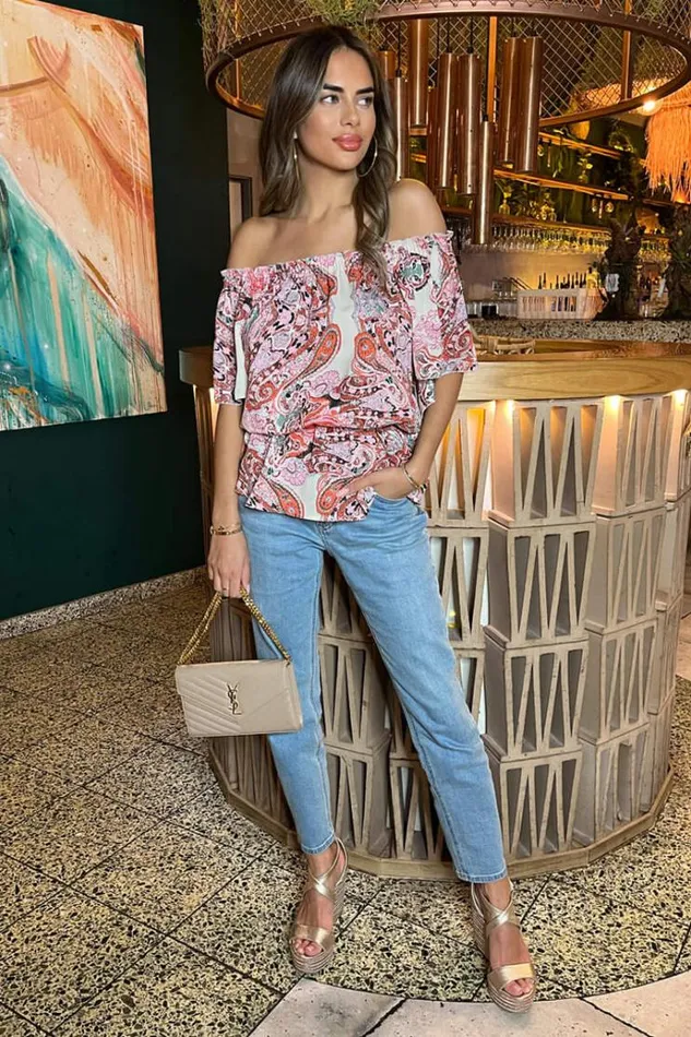 AX Paris Multi Pink Tone Print Bardot Top Women Tops