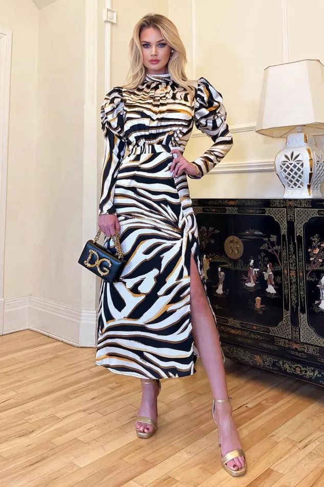 AX Paris Multi Print High Neck Long Puff Sleeve Midi Dress Women Dresses