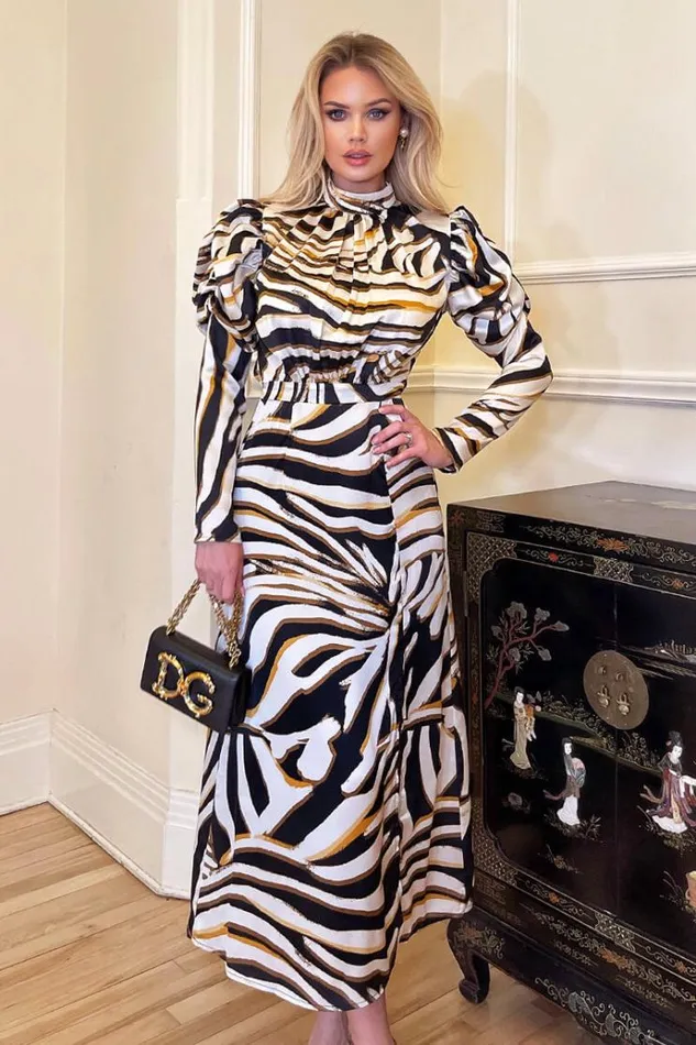 AX Paris Multi Print High Neck Long Puff Sleeve Midi Dress Women Dresses