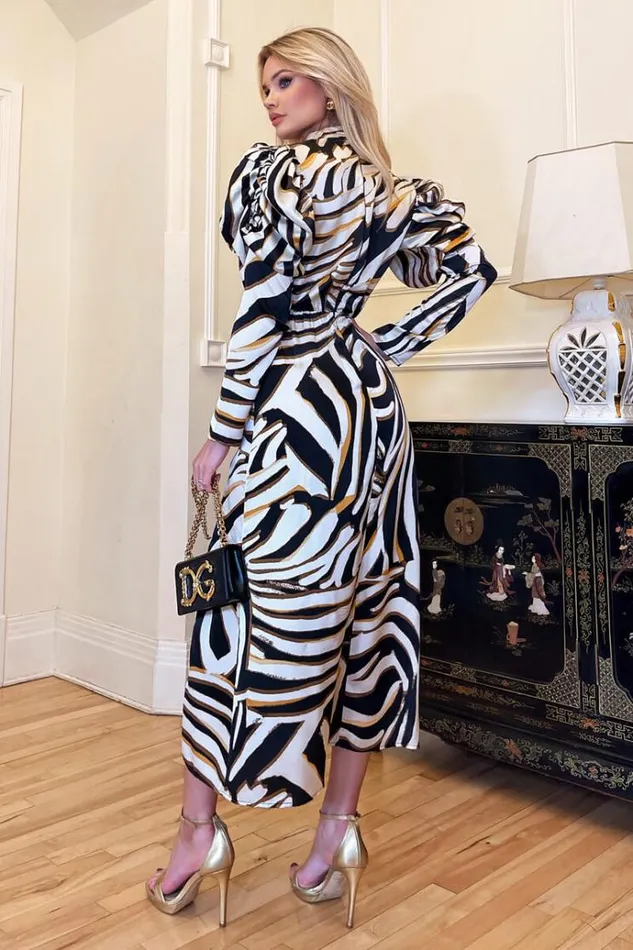 AX Paris Multi Print High Neck Long Puff Sleeve Midi Dress Women Dresses