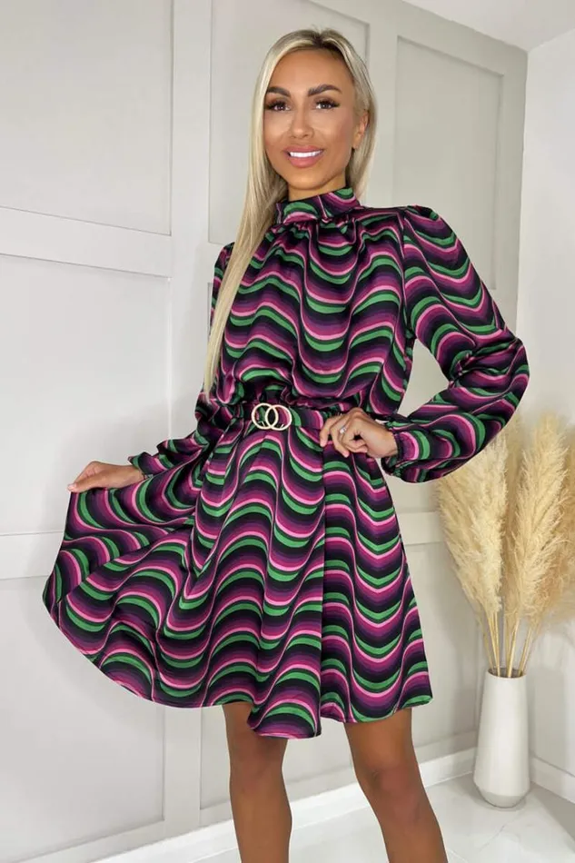 AX Paris Multi Print Long Sleeve High Neck Belted Skater Dress Women Dresses