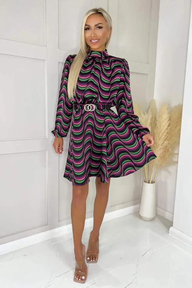 AX Paris Multi Print Long Sleeve High Neck Belted Skater Dress Women Dresses