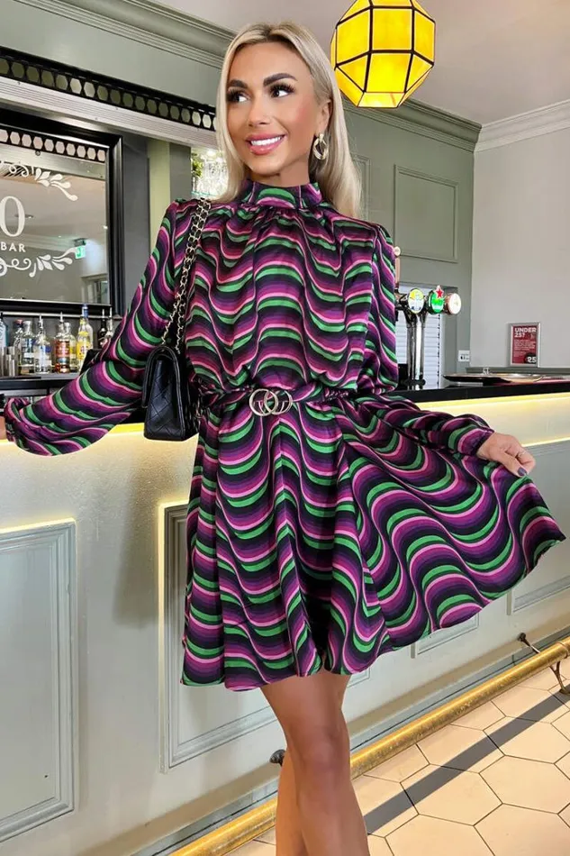 AX Paris Multi Print Long Sleeve High Neck Belted Skater Dress Women Dresses