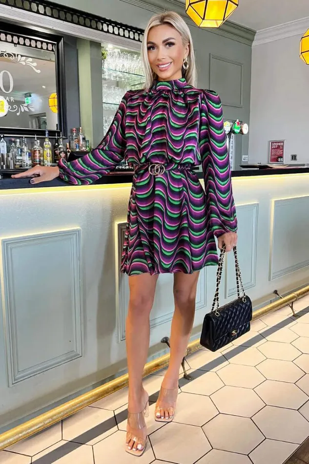 AX Paris Multi Print Long Sleeve High Neck Belted Skater Dress Women Dresses