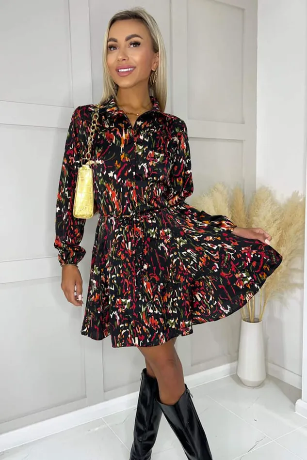 AX Paris Multi Print Long Sleeve Tie Waist Collared Skater Dress Women Dresses