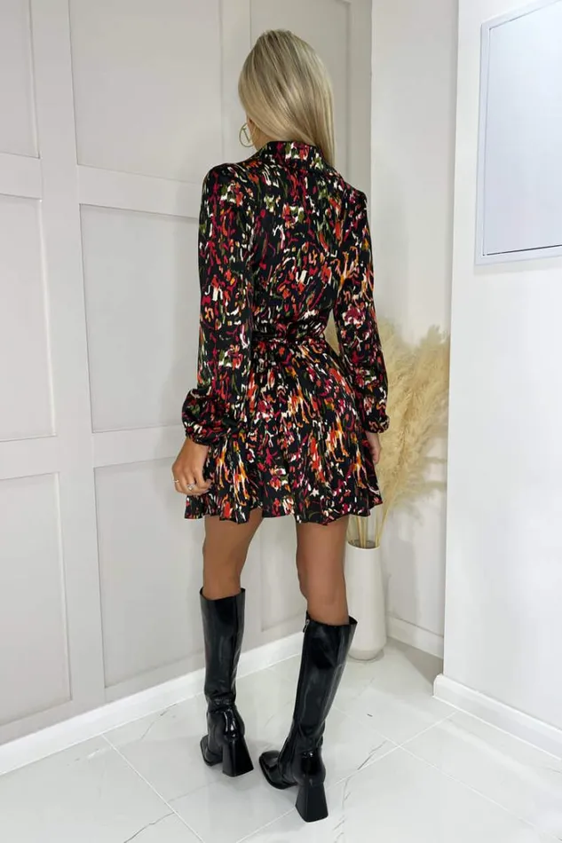 AX Paris Multi Print Long Sleeve Tie Waist Collared Skater Dress Women Dresses