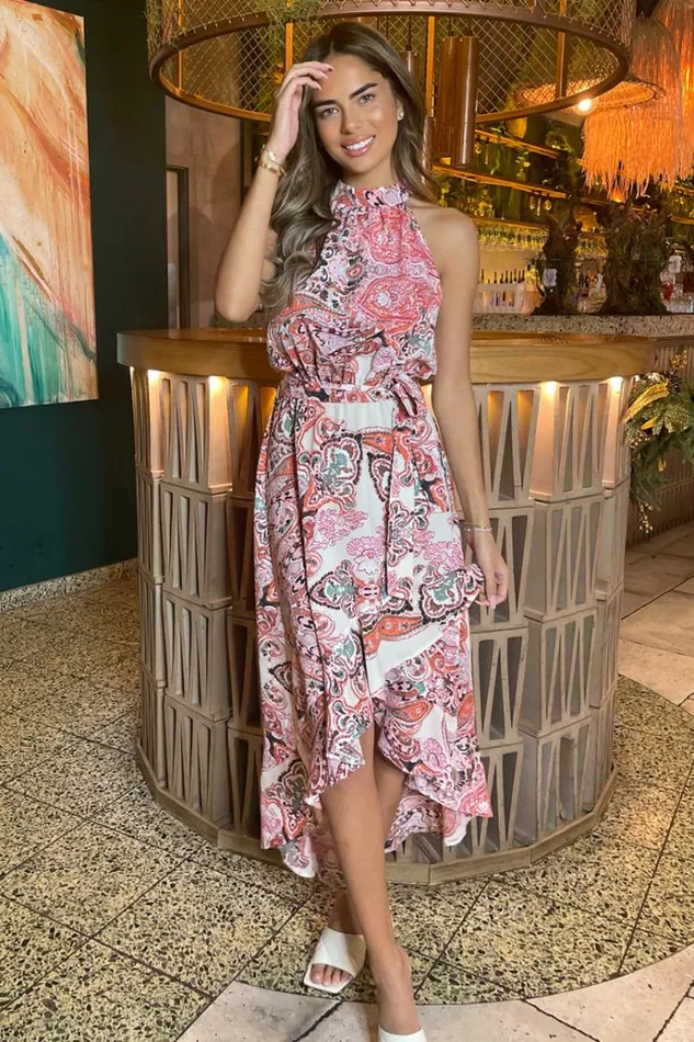 AX Paris Multi Print Paisley Halter Neck Tie Waist Midi Dress Women Dresses
