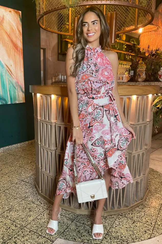 AX Paris Multi Print Paisley Halter Neck Tie Waist Midi Dress Women Dresses