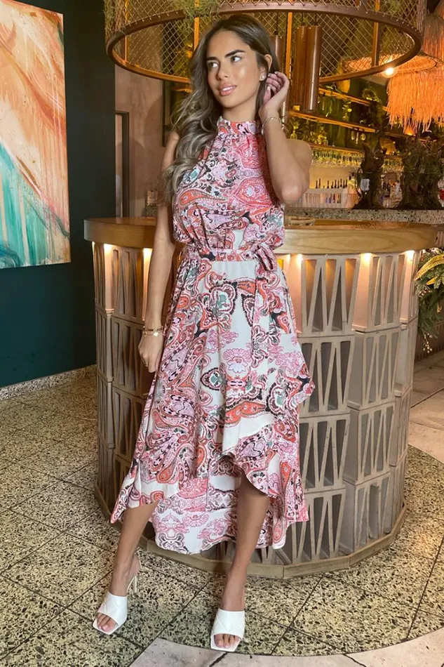AX Paris Multi Print Paisley Halter Neck Tie Waist Midi Dress Women Dresses