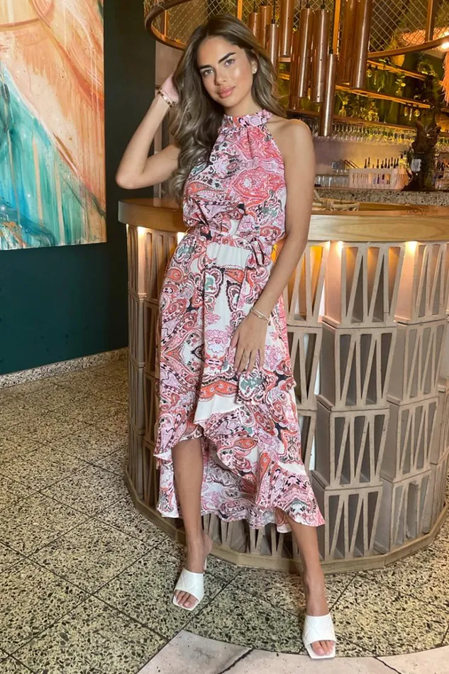 AX Paris Multi Print Paisley Halter Neck Tie Waist Midi Dress Women Dresses