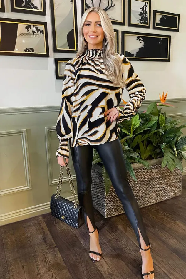 AX Paris Multi Print Shirred High Neck Long Sleeve Top Women Tops