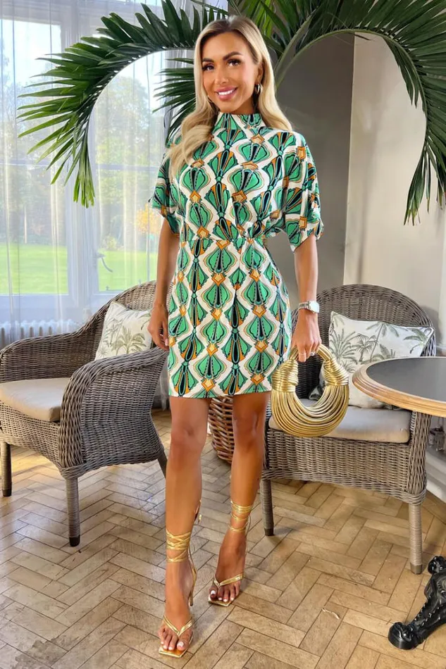 AX Paris Multi Print Short Sleeve High Neck Skater Dress Women Dresses