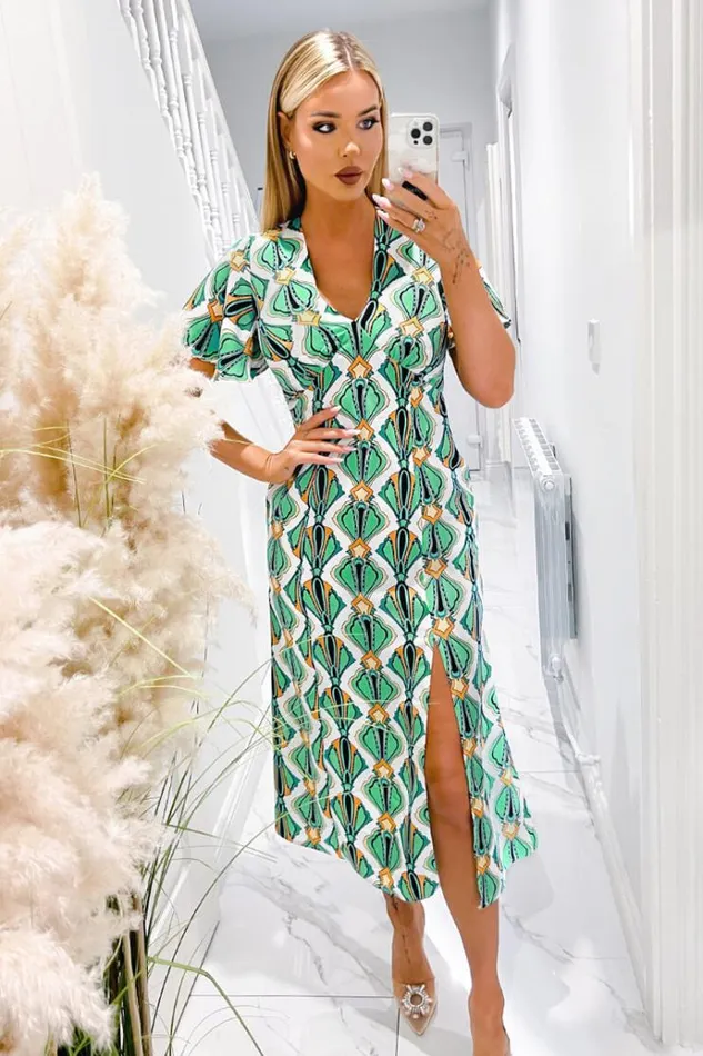 AX Paris Multi Print V Neck Tie Detail Short Sleeve Midi Dress Women Dresses