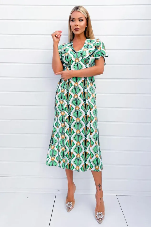 AX Paris Multi Print V Neck Tie Detail Short Sleeve Midi Dress Women Dresses