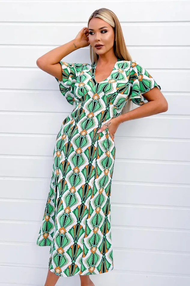 AX Paris Multi Print V Neck Tie Detail Short Sleeve Midi Dress Women Dresses