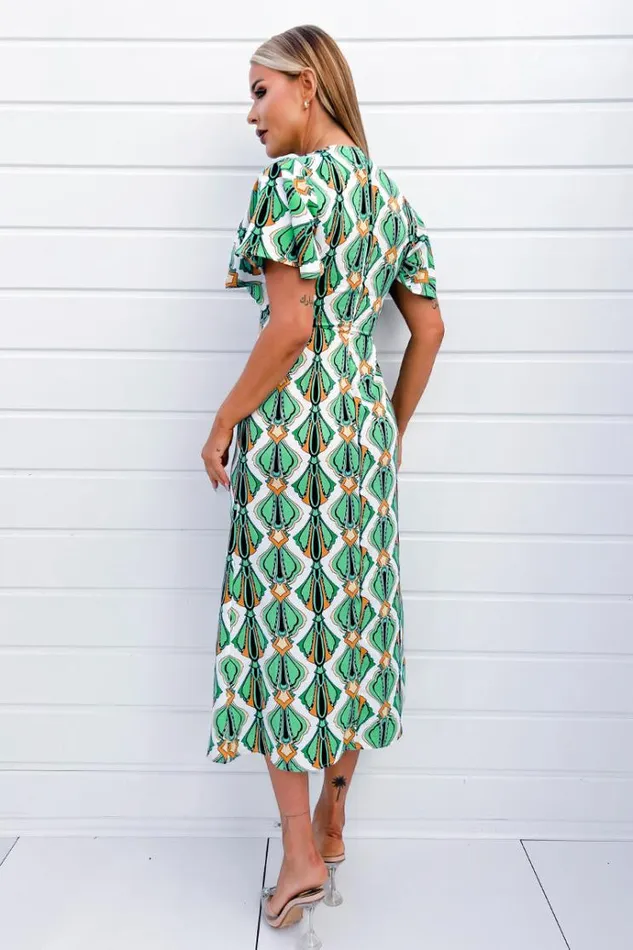 AX Paris Multi Print V Neck Tie Detail Short Sleeve Midi Dress Women Dresses