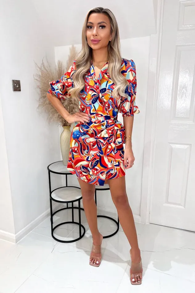 AX Paris Multi Printed 34 Cuffed Sleeve Wrap Tie Mini Dress Women Dresses