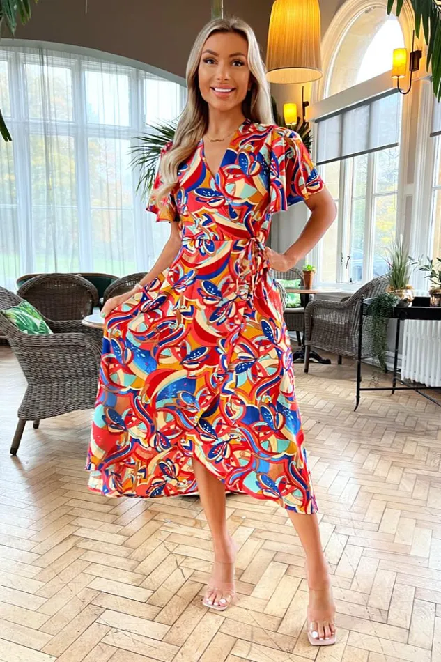 AX Paris Multi Printed Butterfly Sleeve Wrap Midi Dress Women Dresses
