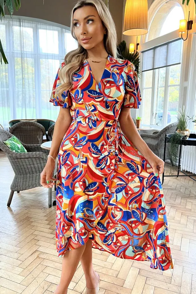 AX Paris Multi Printed Butterfly Sleeve Wrap Midi Dress Women Dresses