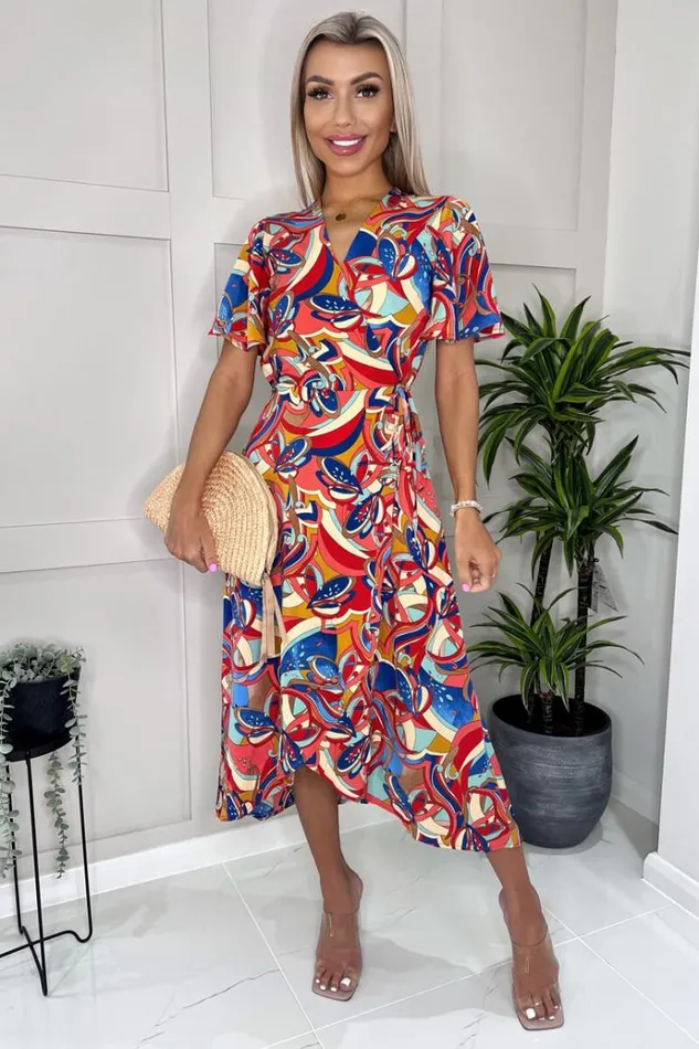 AX Paris Multi Printed Butterfly Sleeve Wrap Midi Dress Women Dresses