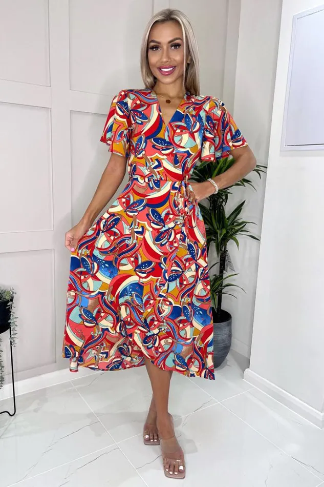 AX Paris Multi Printed Butterfly Sleeve Wrap Midi Dress Women Dresses