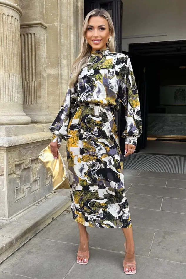 AX Paris Multi Printed High Neck Balloon Sleeve Midi Dress Women Dresses