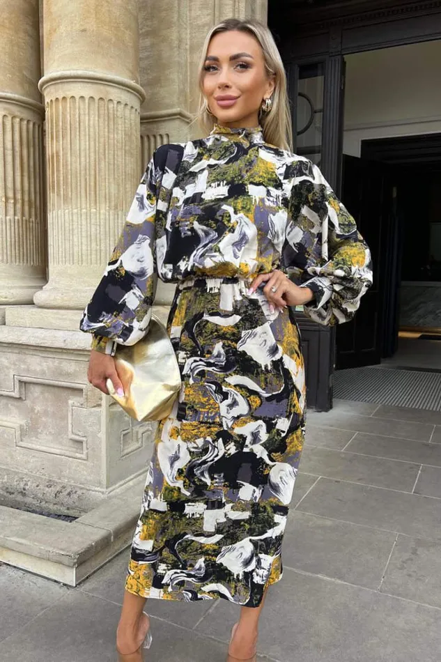 AX Paris Multi Printed High Neck Balloon Sleeve Midi Dress Women Dresses