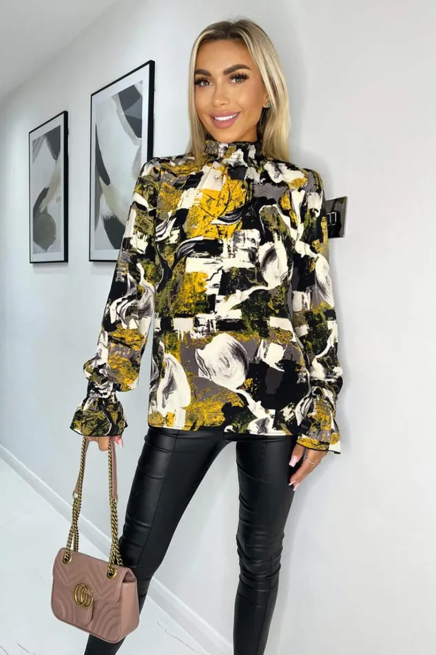 AX Paris Multi Printed Long Sleeve Shirred Detail Top Women Tops