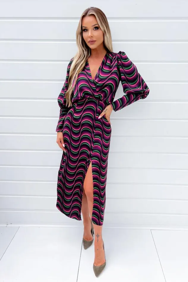 AX Paris Multi Printed Long Sleeve Wrap Top Midi Dress Women Dresses
