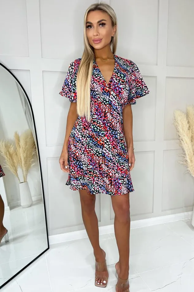 AX Paris Multi Printed Short Sleeve V Neck Mini Skater Dress Women Dresses