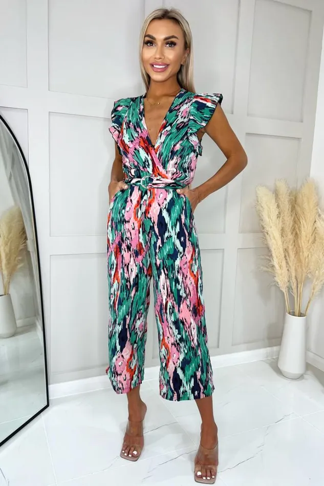 AX Paris Multi Printed Wrap Front Frill Sleeve Belted Jumpsuit Women Jumpsuits And Playsuits AX Paris Multi Printed Wrap Front Frill Sleeve Belted Jumpsuit Women Jumpsuits And Playsuits