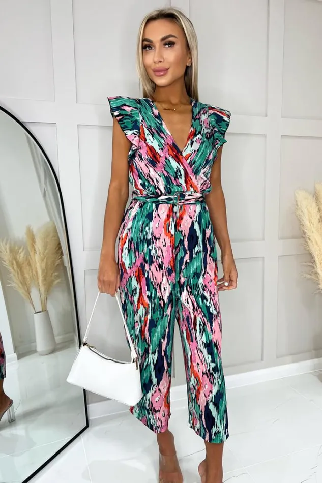 AX Paris Multi Printed Wrap Front Frill Sleeve Belted Jumpsuit Women Jumpsuits And Playsuits