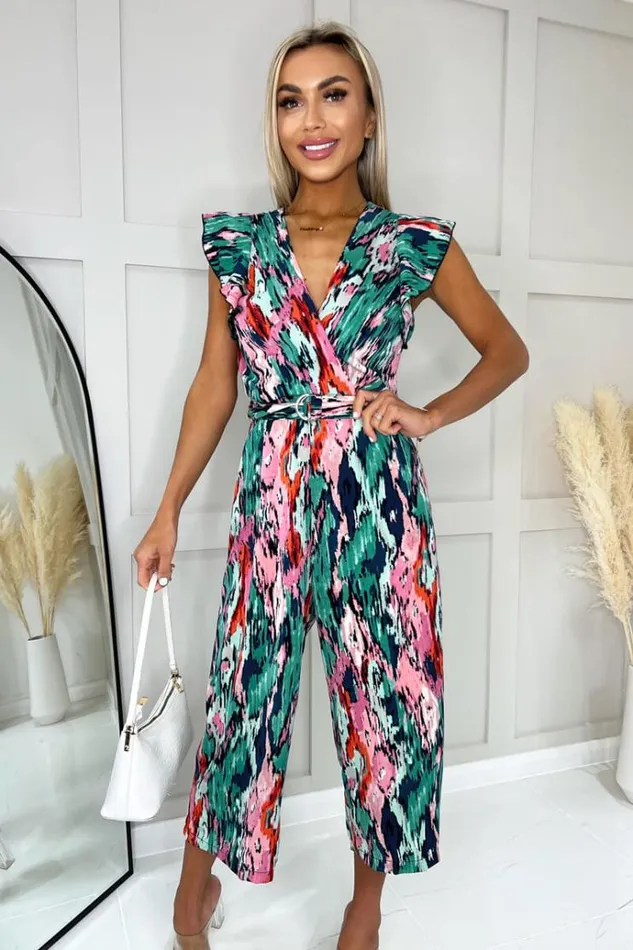 AX Paris Multi Printed Wrap Front Frill Sleeve Belted Jumpsuit Women Jumpsuits And Playsuits
