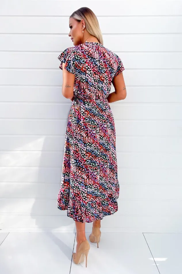 AX Paris Multi Printed Wrap Over Frill Hem Short Sleeve Midi Dress Women Dresses