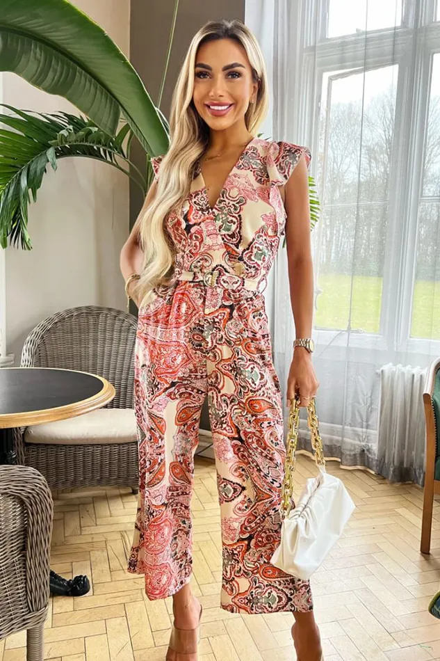 AX Paris Multi Printed Wrap Top Short Sleeve Belted Jumpsuit Women Jumpsuits And Playsuits