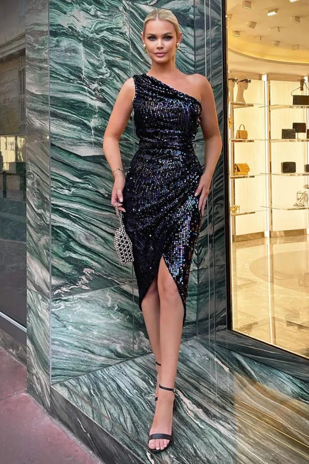 AX Paris Multi Sequin One Shoulder Gathered Midi Dress Women Dresses