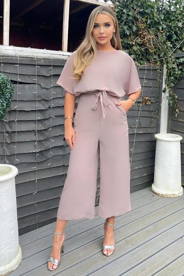 AX Paris Mushroom Tie Waist Short Sleeve Culotte Jumpsuit Women Jumpsuits And Playsuits AX Paris Mushroom Tie Waist Short Sleeve Culotte Jumpsuit Women Jumpsuits And Playsuits