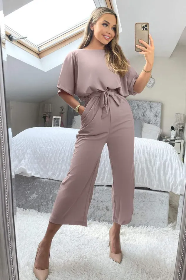 AX Paris Mushroom Tie Waist Short Sleeve Culotte Jumpsuit Women Jumpsuits And Playsuits