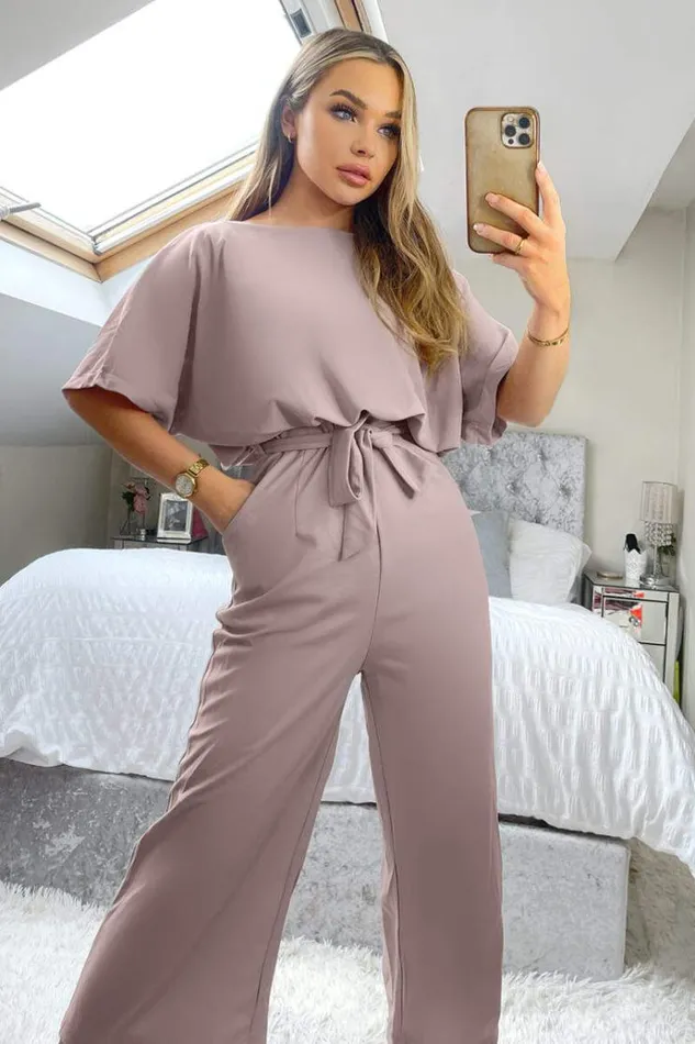 AX Paris Mushroom Tie Waist Short Sleeve Culotte Jumpsuit Women Jumpsuits And Playsuits