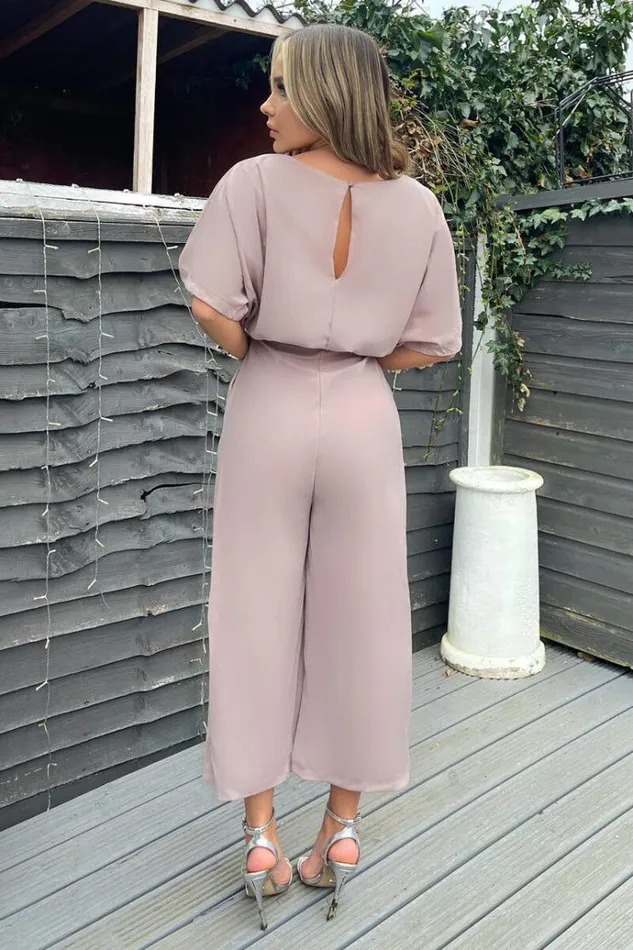 AX Paris Mushroom Tie Waist Short Sleeve Culotte Jumpsuit Women Jumpsuits And Playsuits