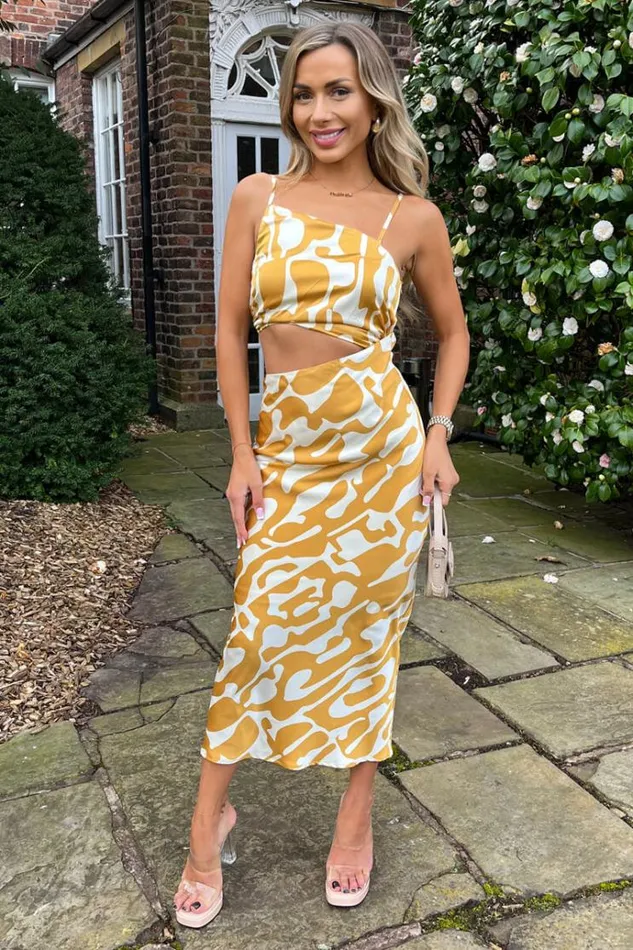 AX Paris Mustard Abstract Print Asymmetric Cut Out Midi Dress Women Dresses