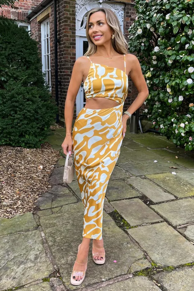AX Paris Mustard Abstract Print Asymmetric Cut Out Midi Dress Women Dresses