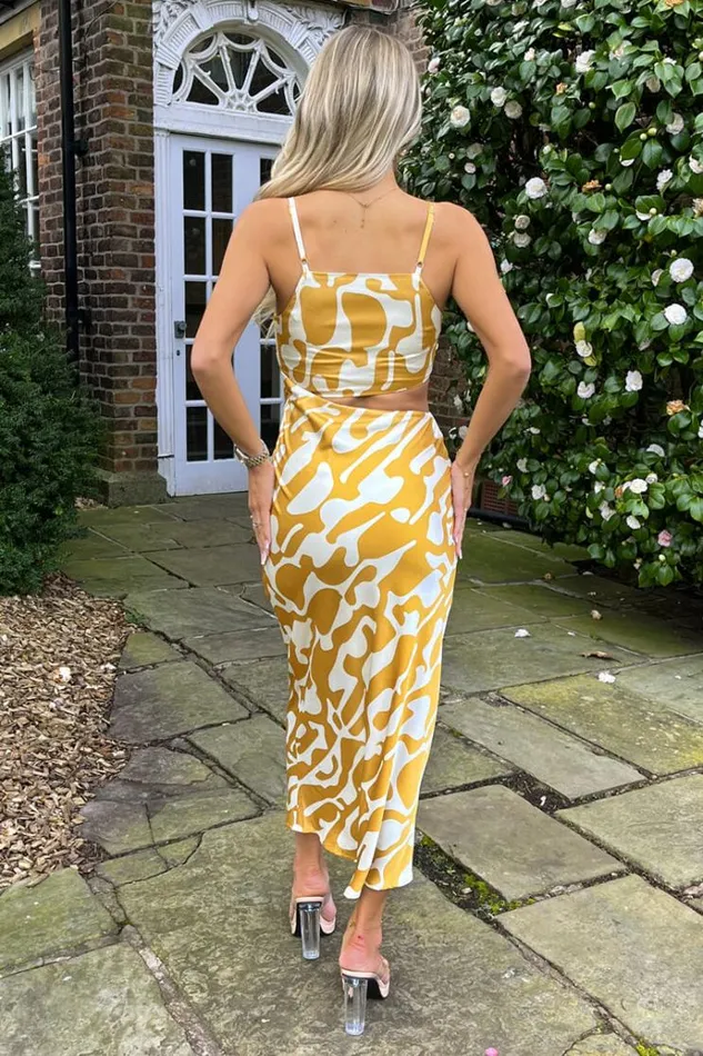 AX Paris Mustard Abstract Print Asymmetric Cut Out Midi Dress Women Dresses