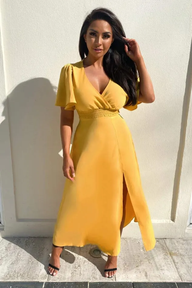 AX Paris Mustard Gathered Waist Midi Dress Women Dresses