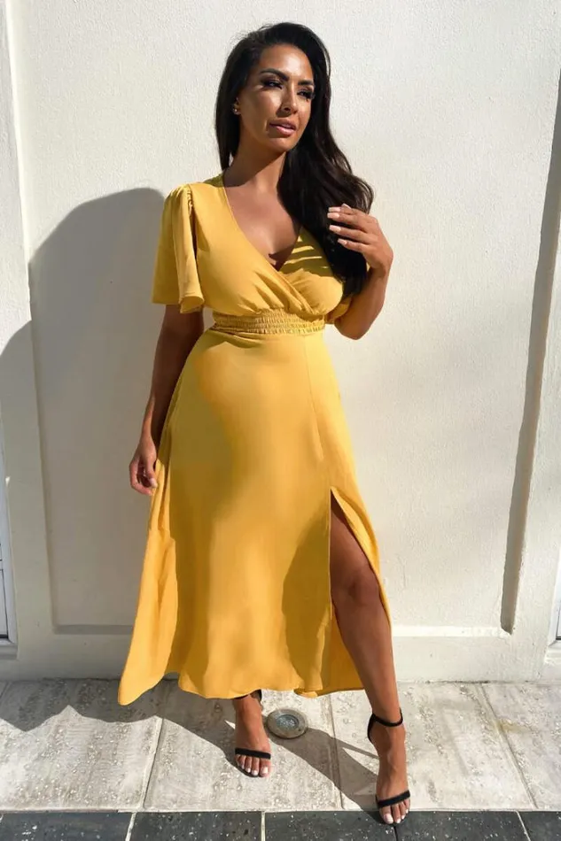 AX Paris Mustard Gathered Waist Midi Dress Women Dresses