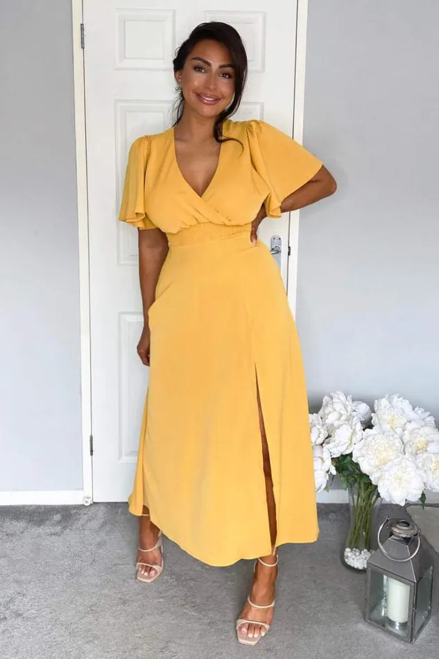 AX Paris Mustard Gathered Waist Midi Dress Women Dresses